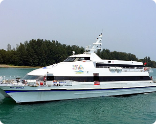 White high-speed catamaran passenger vessel cruising on the open ocean