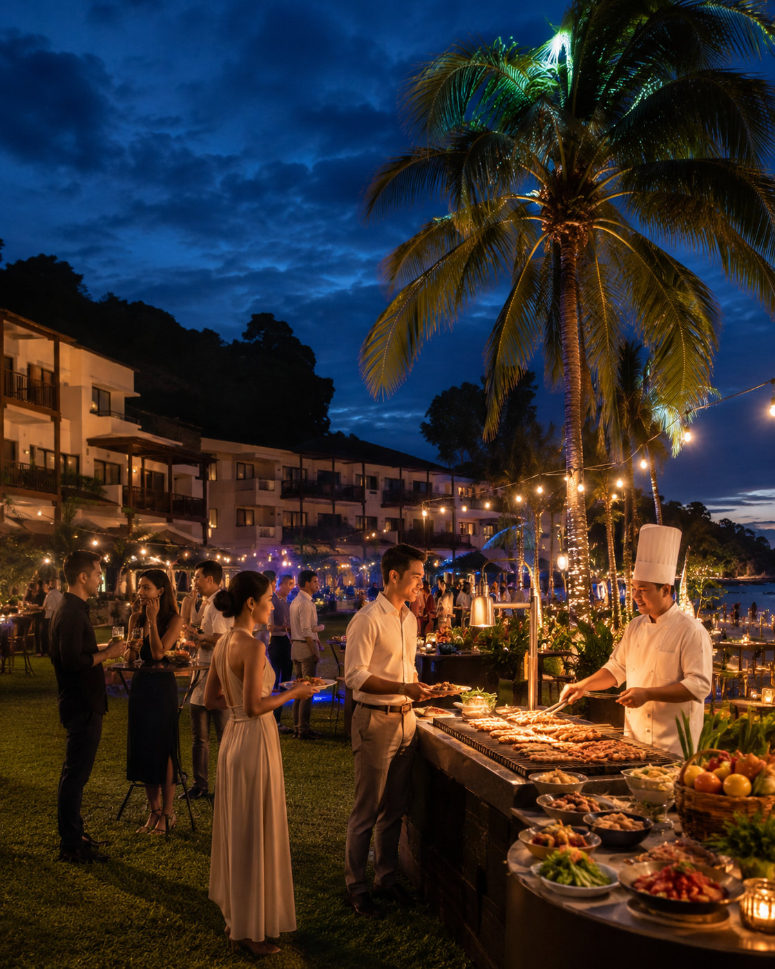 Evening barbecue party under the palm trees