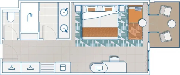Floor plan showing the bedroom, bathroom and furnished balcony